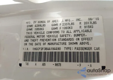 2010 Honda Accord 2.4 Lx from USA, damaged, VIN 1HGCP2F38AA194490